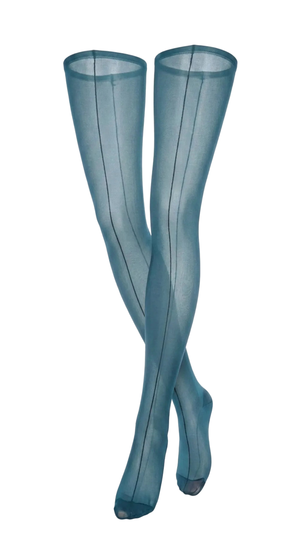 Front view of sheer emerald stockings with a fine contrast back-seam line.