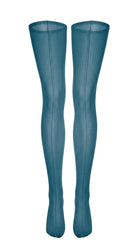Close-up front view of sheer emerald stockings showing the back-seam detail.