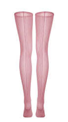 Back view of sheer pink stockings, showing the seam running the length of the leg.