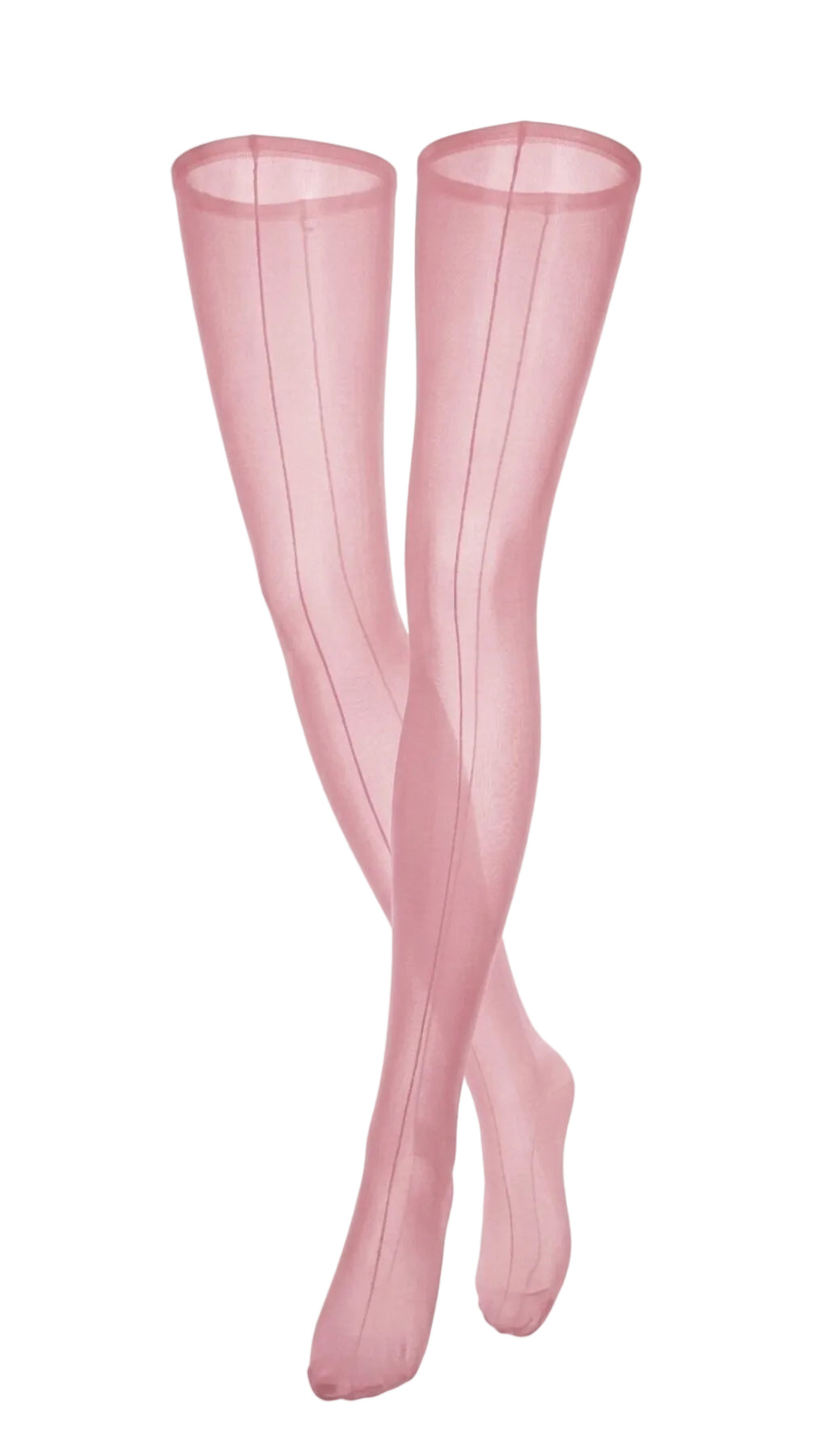 Front view of sheer pink stockings with a fine contrast back-seam line.
