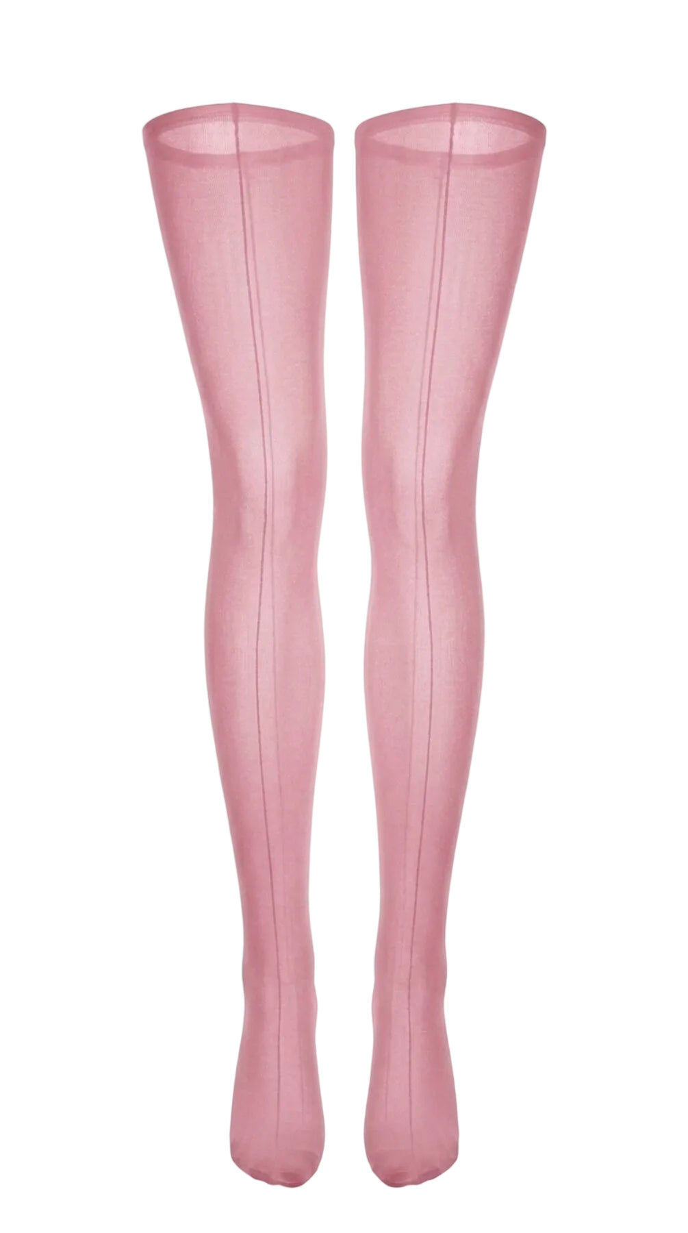 Close-up front view of sheer pink stockings showing the back-seam detail.