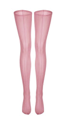 Close-up front view of sheer pink stockings showing the back-seam detail.