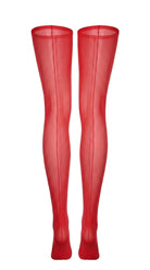 Back view of sheer red stockings, showing the seam running the length of the leg.