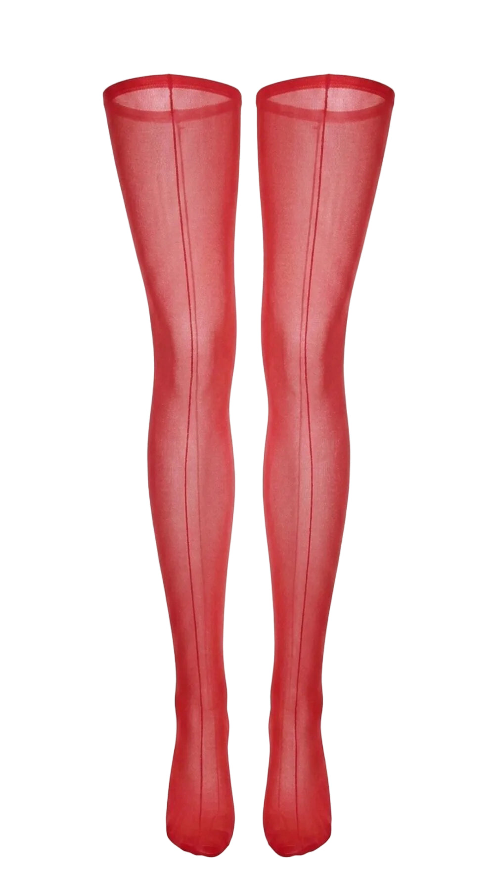 Close-up front view of sheer red stockings showing the back-seam detail.
