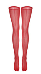 Close-up front view of sheer red stockings showing the back-seam detail.