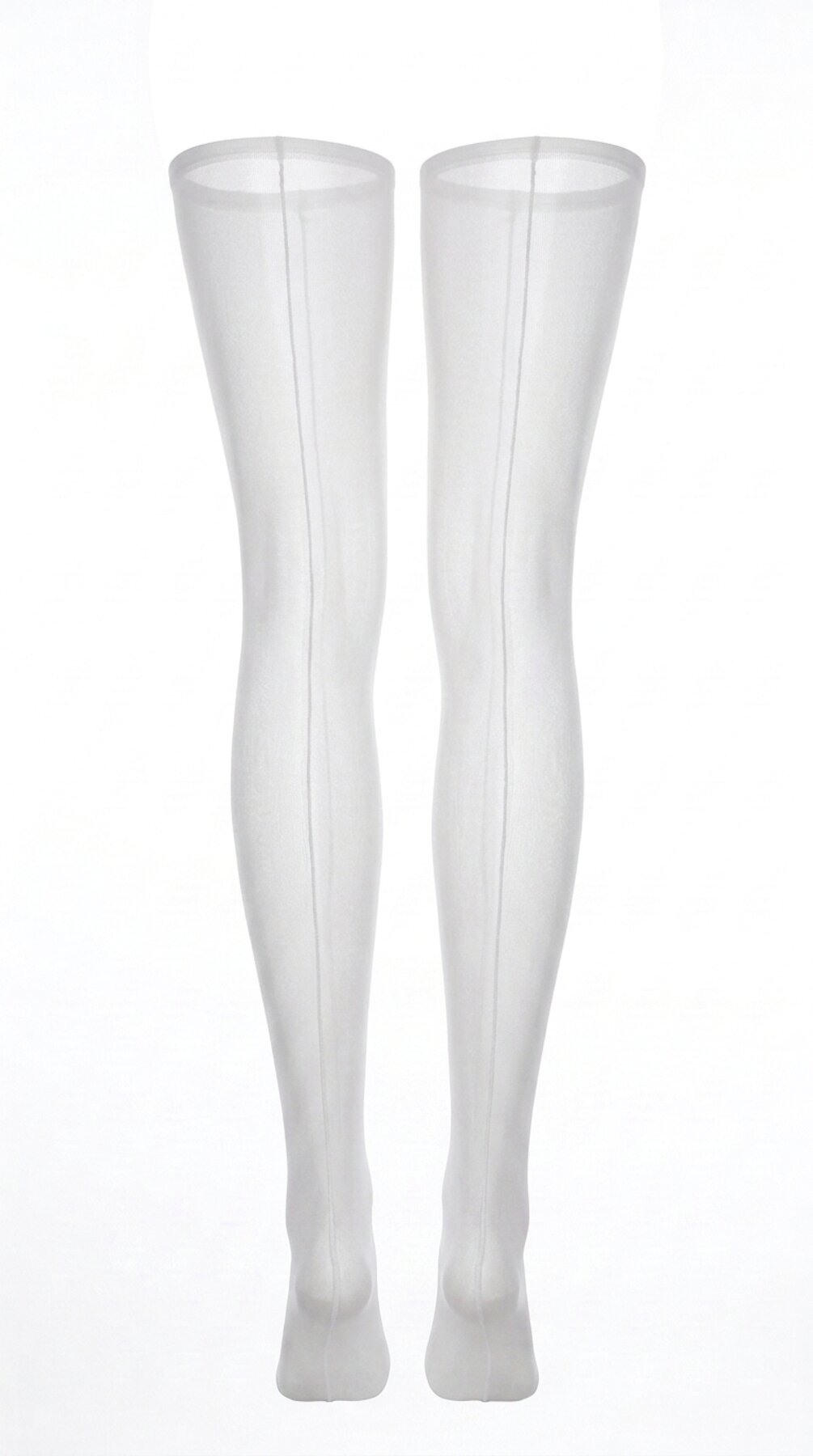 Back view of sheer white stockings, showing the seam running the length of the leg.