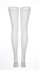 Back view of sheer white stockings, showing the seam running the length of the leg.