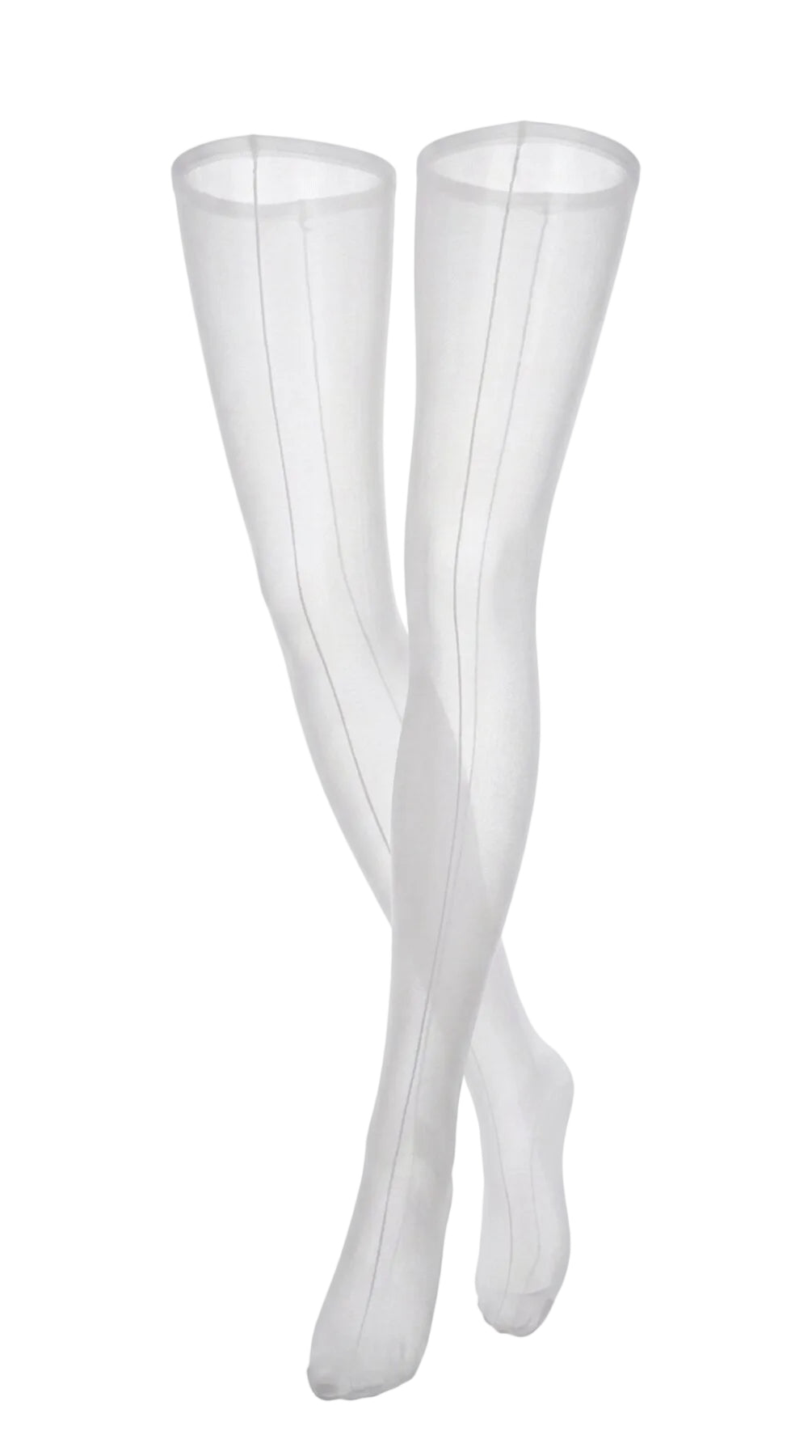 Front view of sheer white stockings with a fine contrast back-seam line.