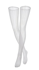Front view of sheer white stockings with a fine contrast back-seam line.