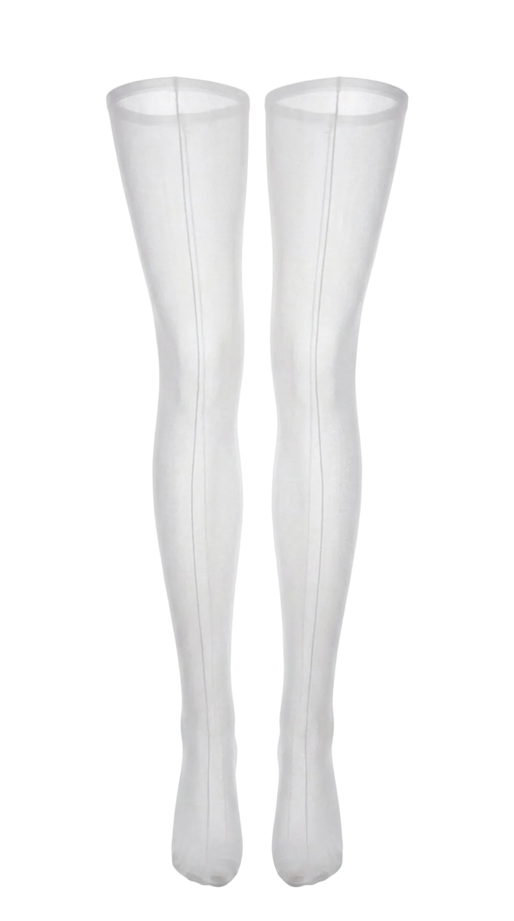 Close-up front view of sheer white stockings showing the back-seam detail.