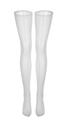 Close-up front view of sheer white stockings showing the back-seam detail.